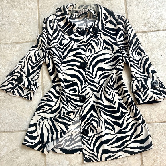 Soulmates Jackets & Blazers - Black and White Zebra Print Lightweight Pea Coat 3/4 Sleeves